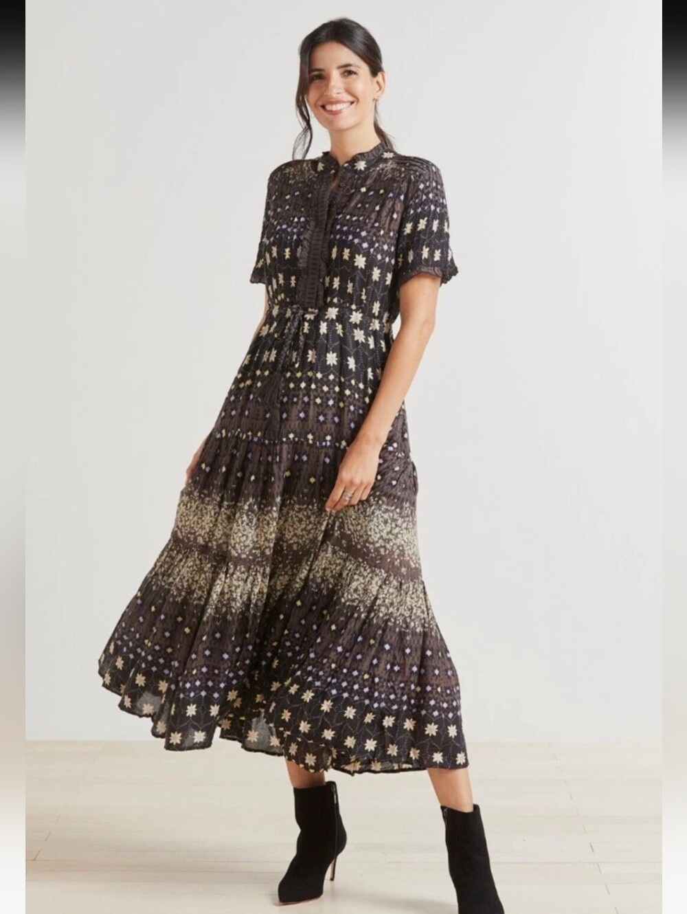 Free People Rare Feelings Floral Fringe Tie Ruffled Maxi Dress sz Small